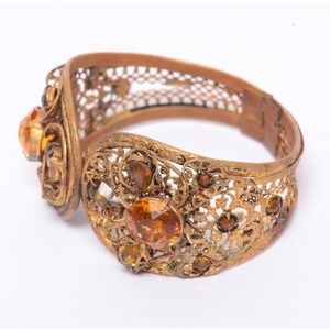 Vintage Victorian Sign Art Deco Czech Citrine Amber Filigree Hinge Bracelet 1930